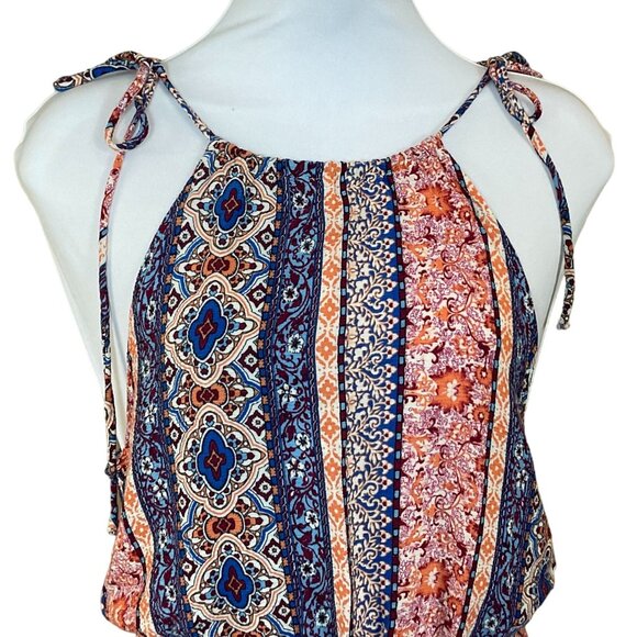 LuLus Estuary Orange Print Boho Maxi Dress Elastic Waist Side Slits Adj Ties SM - Picture 4 of 13